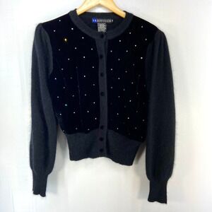 VTG 90s Black Lambswool Angora Velvet Rhinestone Cardigan Sweater Womens Small